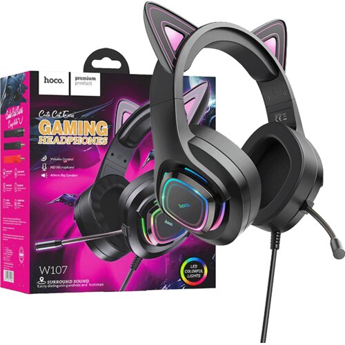 hoco. Slu&scaron;alice sa mikrofonom, gaming, USB/3.5 mm, LED - W107 Cute Cat Black/Pink Cijene