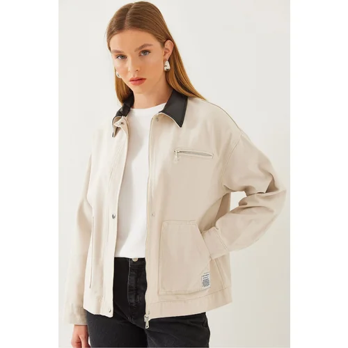 Bianco Lucci Women's Leather Collar Detailed Gabardine Jacket 2463