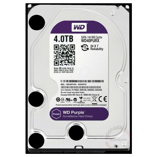 Western Digital 4TB Purple SATA3, 64MB, WD40PURX hard disk Slike
