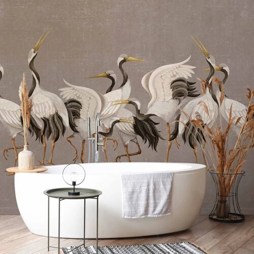  Foto tapeta - Crane dance &amp;ndash; bright silhouettes of birds against a warm grey background with texture 150x105 Vodootporna Slike
