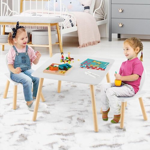 Kinder Home Dječji drveni stol s 2 stolčića BUNNY, komplet za učenje, crtanje, igru i hranjenje, za dječju sobu, bijeli Cene