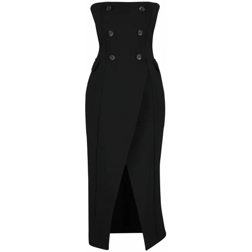 Trendyol Black Buttoned Strapless Wrapped Elastic Knitted Midi Dress
