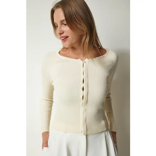 Happiness İstanbul Women's Cream Buttoned Ribbed Knitwear Cardigan