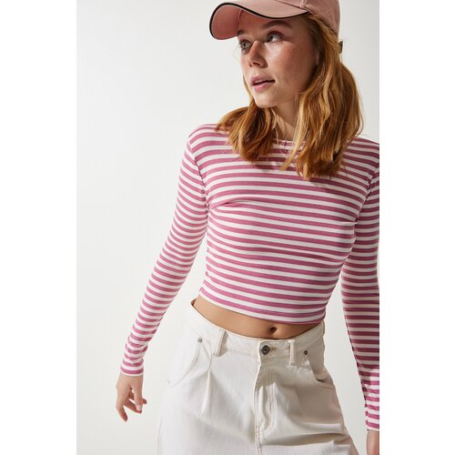 Happiness İstanbul women's pale pink crew neck striped crop knitted blouse Slike