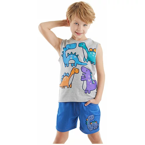 Denokids Colorful Dinos Boys' Sleeveless Gray T-shirt with Blue Shorts Summer Suit