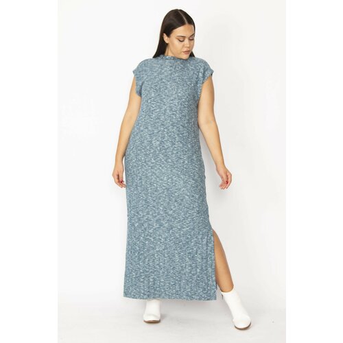 Şans Women's Plus Size Blue High Neck Side Slit Lycra Dress Slike