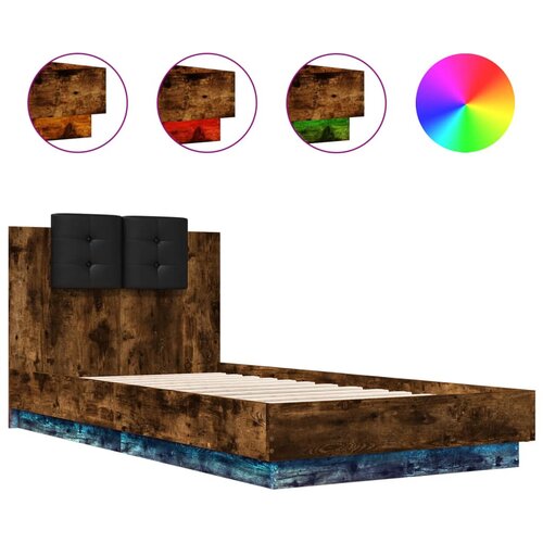 Maison Chic Posteljni okvir - Enojna postelja - Postelja za odrasleji - Enojna postelja - Postelja za odrasle z vzglavjem in LED dimljeni hrast 75x190 cm, (21696512) Slike