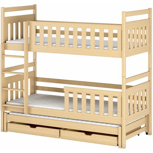 Drveni dečiji krevet na sprat klara s tri kreveta i fiokom - svetlo drvo - 190/200*90 cm Slike