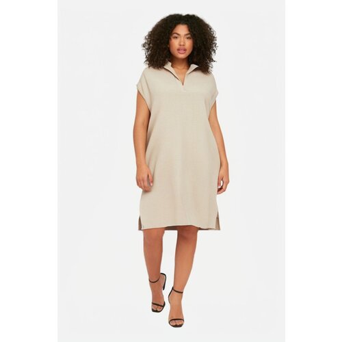 Trendyol Curve Cream Shirt Collar Slit Woven Plus Size Dress Slike