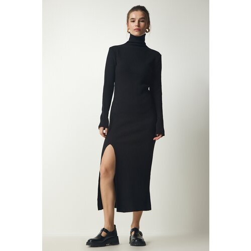 Happiness İstanbul Women's Black Stand-Up Collar Slit Sweater Dress Slike