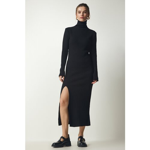  Women&amp;#039;s Black Stand-Up Collar Slit Sweater Dress Slike