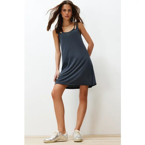 Trendyol Anthracite Modal Strappy A-line/Bell Opening Knitted Mini Dress