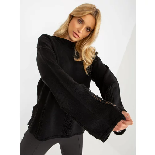 Fashion Hunters Black women's oversize sweater with holes with wool