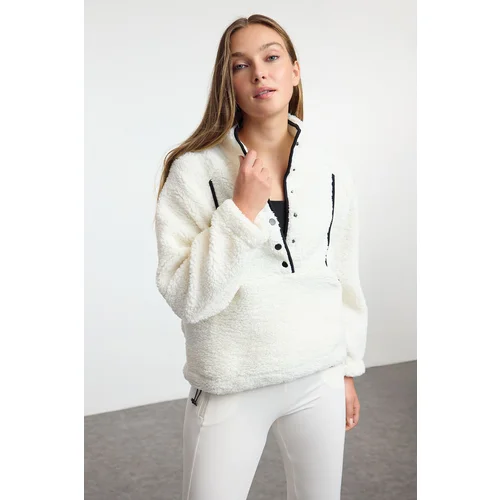 Trendyol White Snap Closure Plush Knitted Sports Sweatshirt