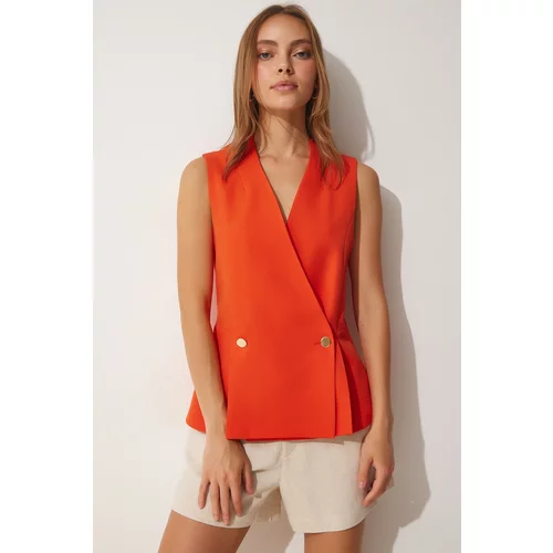 Happiness İstanbul Women's Orange Double Breasted Vest with Buttons Woven