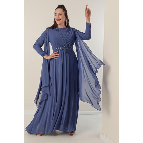 By Saygı Beading Embroidered Shoulders And Waist Pleated Long B.B Chiffon Dress Slike