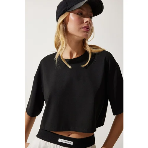 Happiness İstanbul Women's Black Basic Crop Knitted T-Shirt