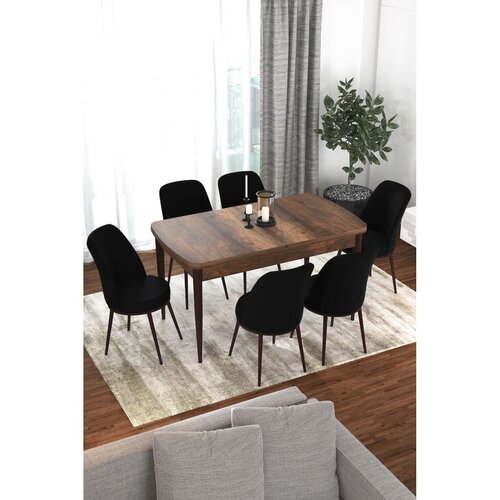 Hanah home trpezarijski set Via, sto na razvlačenje i 6 stolica, ploča u dekoru drveta Baroque, crna tkanina Jerry Cene