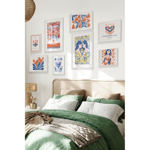 Wallxpert set od 8 uramljenih slika Çgs-034, narandžasto-plavi folk motivi – srca, cvetovi i ženski portreti, beli ram Cene