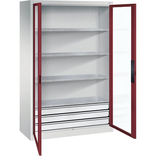 C+P Omara s krilnimi vrati z akrilnim steklom, VxŠxG 1950 x 1200 x 500 mm, 4 police, 3 predali, svetlo sive / rubinasto rdeče barve Cene