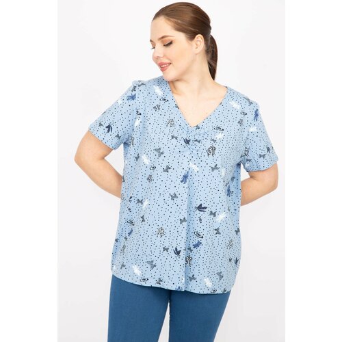 Şans women's blue plus size cotton fabric chest gathered blouse Slike