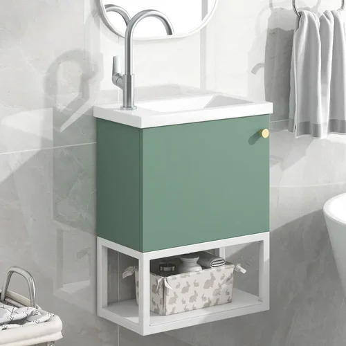 Uytie Stenska kopalniška omarica z umivalnikom - 1 vrata in 1 odprta kovinska polica - svetlo zelena (pipa ni vključena), (21221323)