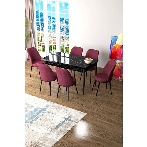 Hanah home Zen - Black Marble, Burgundy Black MarbleBurgundy Extendable Dining Table & Chairs Set (7 Pieces) Cene
