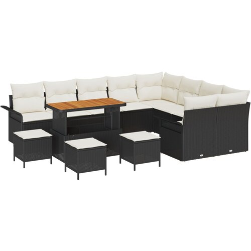 VidaXL set od 13 vrtnih sofa s jastučićima crni poli ratan akacije, 2-sjedna vrtna sofa s pohranom i jastučićima crni poli ratan, set od 4 vrtna blagovaonicu s jastučićima crni poli ratan akacije Slike