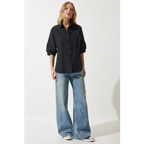  Women's Black Balloon Sleeve Poplin Shirt