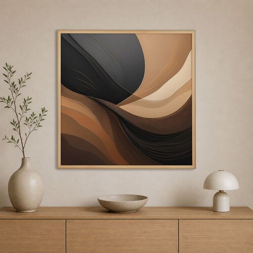 Wallxpert uramljena slika na platnu Cc-K-Ah-1013, apstraktni talasi u crnoj, braon i bež boji, 80 x 80 cm Slike