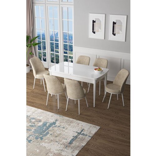 Hanah home Zen - White, Cream WhiteCream Extendable Dining Table & Chairs Set (7 Pieces) Cene