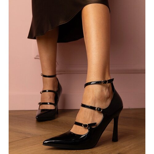 Gemre Gerada black patent stiletto pumps with buckles Cene