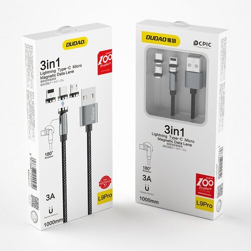 Dudao magnetni USB kabel + komplet vtičev Lightning / USB Type C / Micro USB 3 A 1 m siv Cene