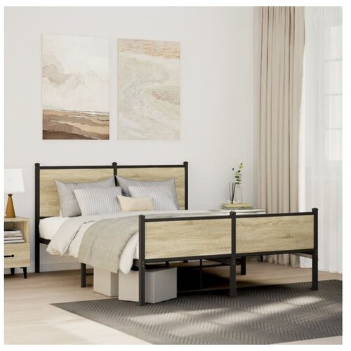 VidaXL Kovinski posteljni okvir brez vzmetnice sonoma hrast 150x200 cm Slike