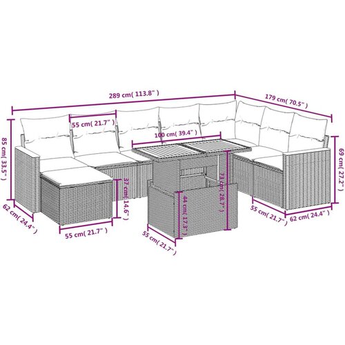 VidaXL 9-dijelni set vrtnih sofa s jastucima crni od poliratana Slike
