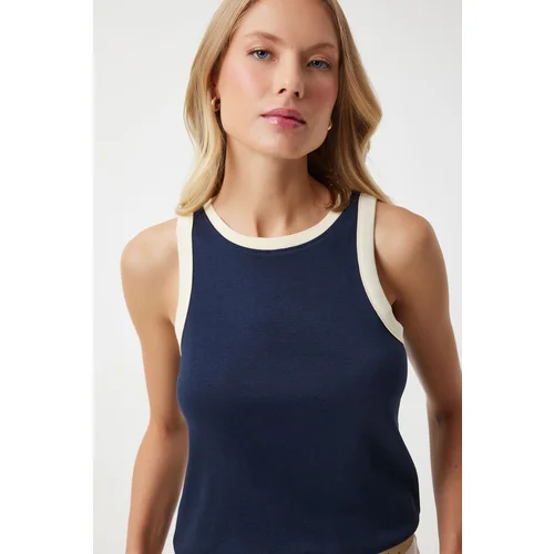 Happiness İstanbul Women's Navy Blue Sleeveless Contrast Colored Blouse