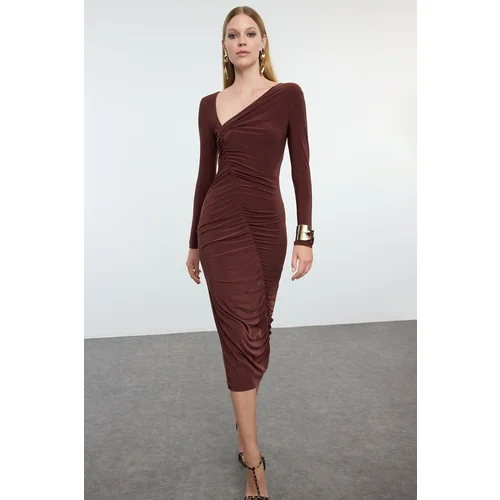Trendyol Brown Body-Sit Collar Detail Draped Woven Dress
