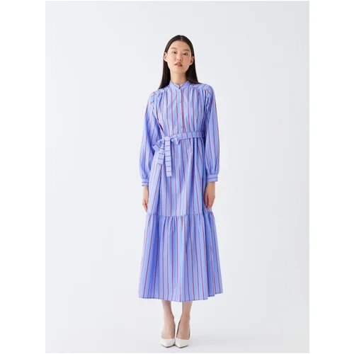 LC Waikiki Women's Striped Long Sleeve Oversized Dress with a Big Collar