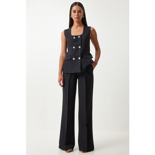 Happiness İstanbul women's black square collar woven vest trousers suit Slike