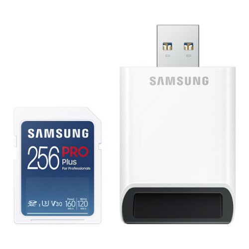 Samsung SD card 256GB, PRO plus, SDXC, UHS-I U3 V30 w/USB Card reader ( MB-SD256KB/WW ) Slike