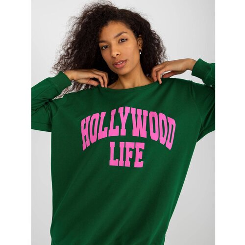 Fashion Hunters Dark green and pink oversize long sweatshirt with a slogan Slike