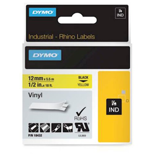 Dymo Trak Rhino Vinyl 18432, 12 mm / 5.5 m (črno/rumen), original Slike