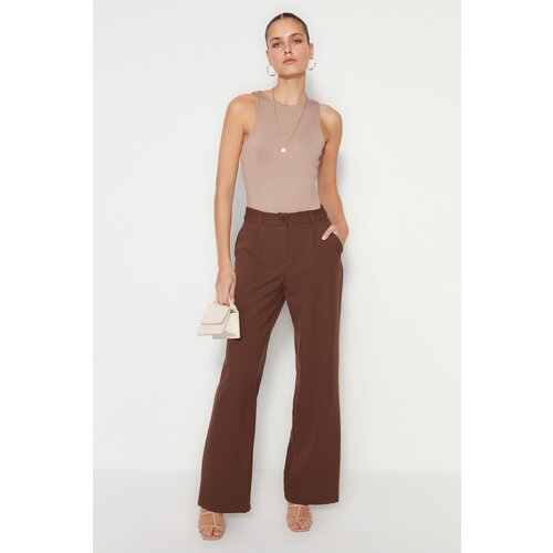 Trendyol Dark Brown High Waist Wide Leg/Wide Leg Pleated Woven Trousers Slike
