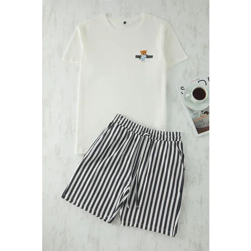 Trendyol Black Striped Regular Fit Couple/Double Knitted Shorts 100% Cotton Pajama Set