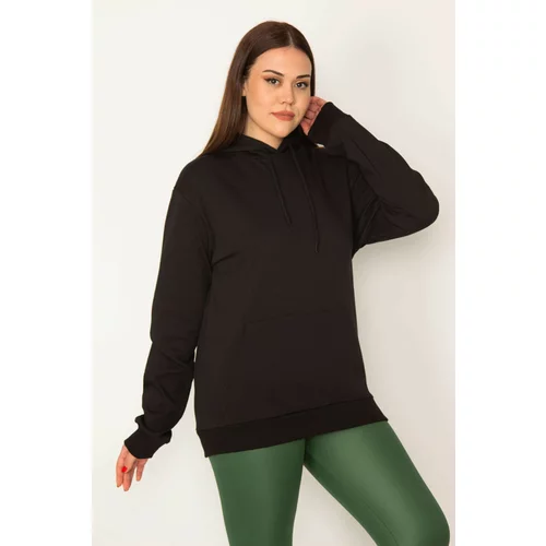 Şans Women's Plus Size Black Inner Raising 3 Thread Kangaroo Pocket Hooded Sweatshirt