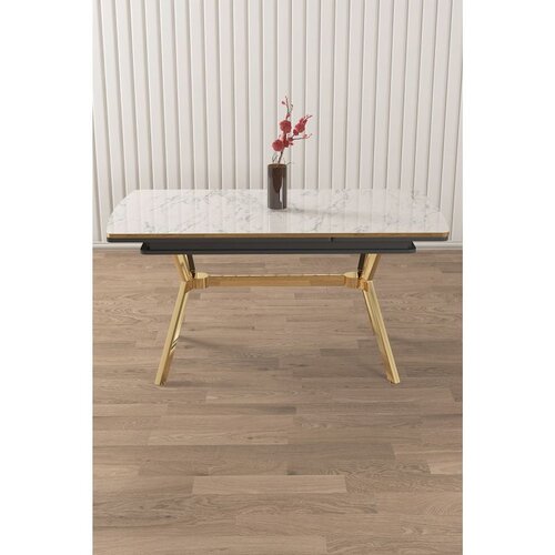 Hanah home trpezarijski sto na razvlačenje Sim, 150 &times; 89 cm (razvučen 200 cm), ploča u dekoru belog mermera, zlatne noge Cene
