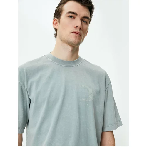 Koton Oversize T-Shirt Washed Moon Embroidered Crew Neck Short Sleeve