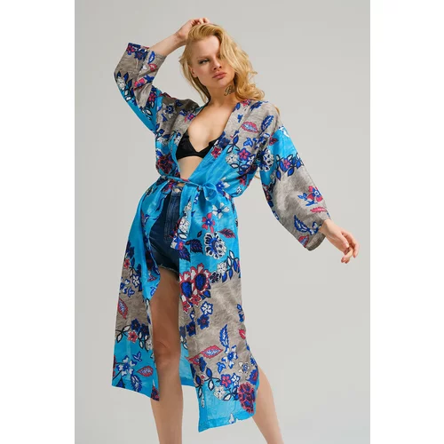 armonika Women's Turquoise Patterned Long Kimono