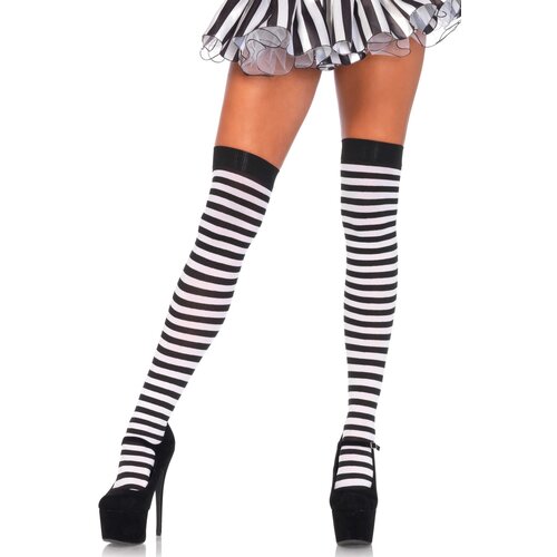 Leg Avenue Striped Nylon Thigh Highs 6005 Black &amp;amp; White Slike