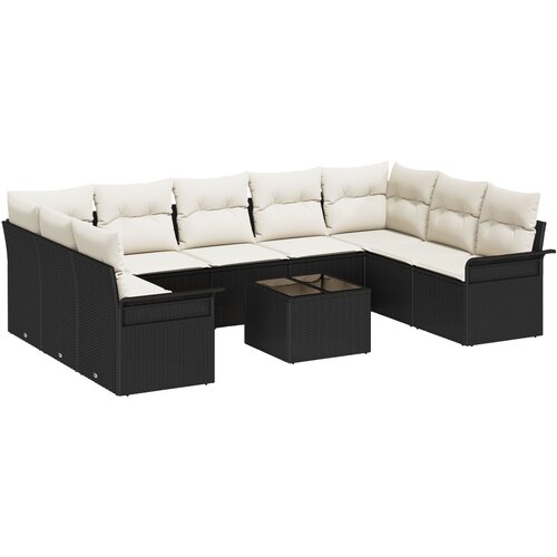 VidaXL 9-dijelni set sofe za vrt s jastučićima smeđi poli ratan, 2-sjedna vrtna sofa s pohranom i jastučićima crni poli ratan Slike
